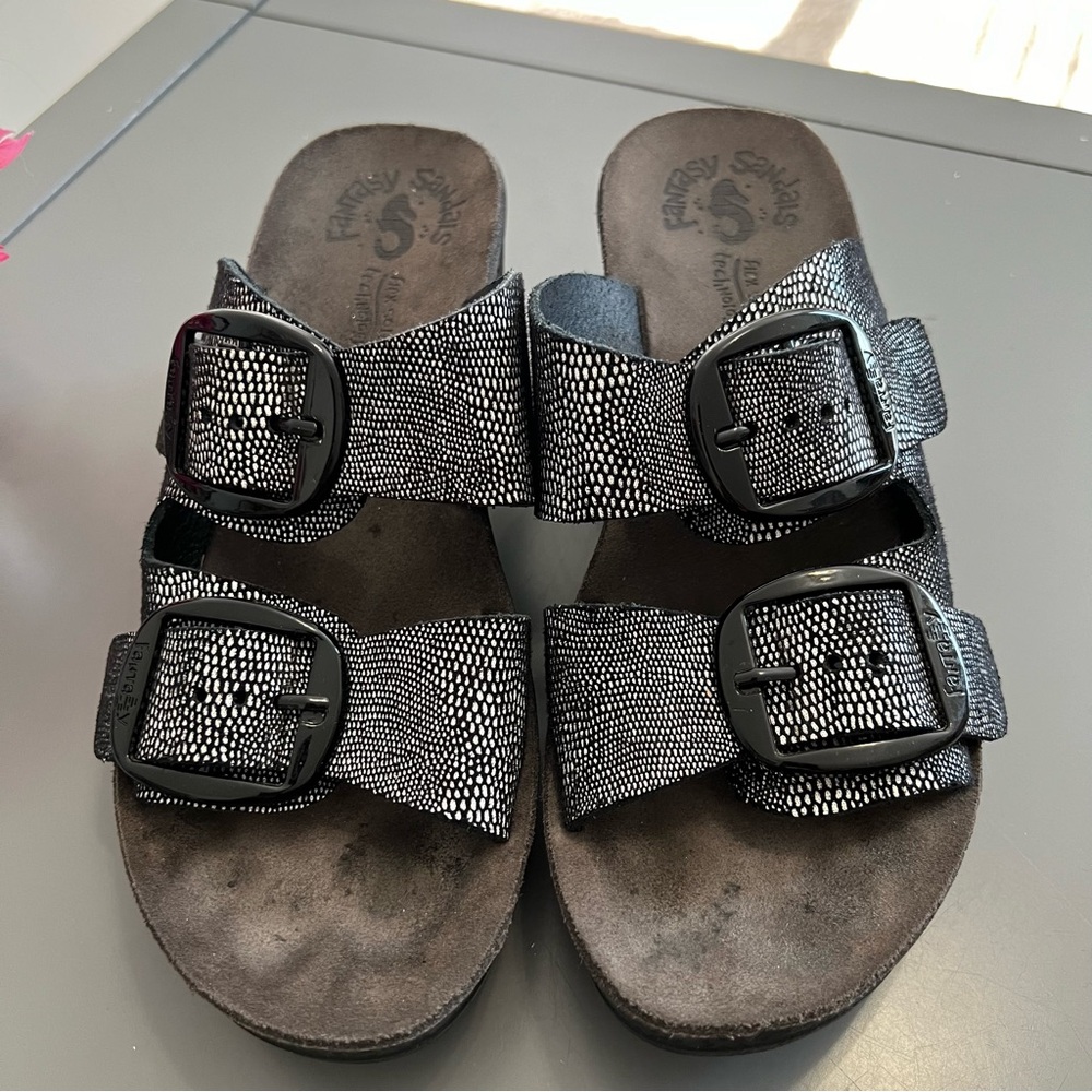 Fantasy Sandals Leather Two Buckle Black and Silver Wedge Sandals - Picture 3 of 9